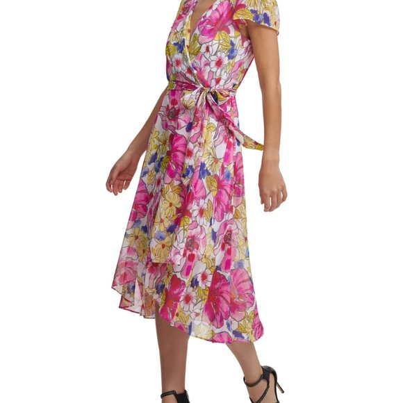 DKNY Floral Flutter Sleeve Faux Wrap Midi Dress Size 16 - Picture 4 of 4